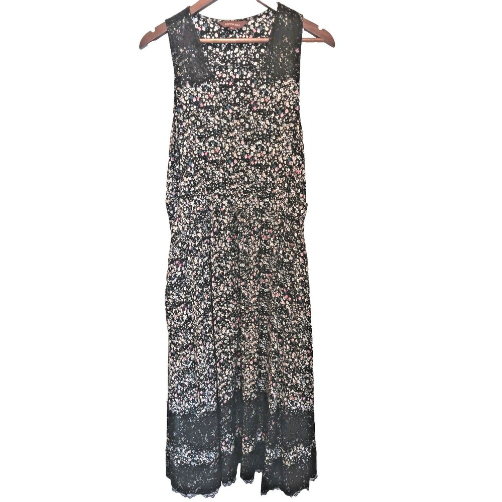 Ranna Gill Anthropologie L Black Ditsy Floral Maxi Dress  Sleeveless Rayon Lace